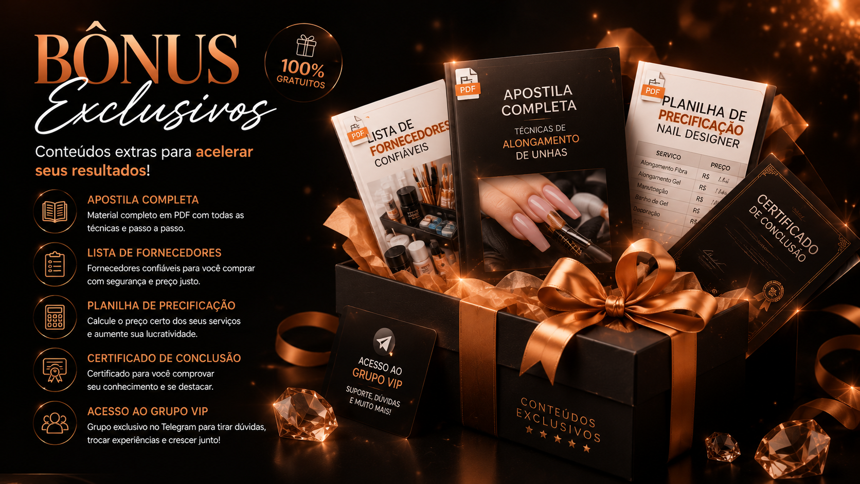 Bônus exclusivos do Curso de Alongamento de Unhas